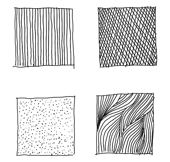 Four squares with four types of hatching: simple hatching and crosshatching on top, stippling and contour hatching below