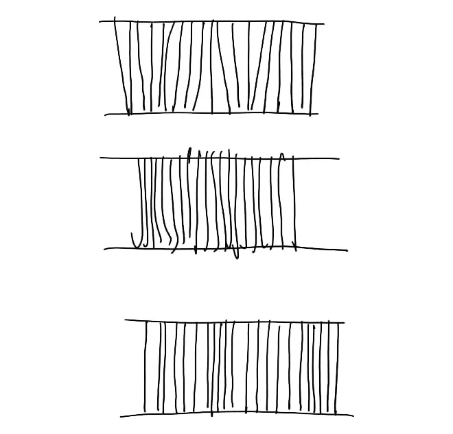 Three practice rows of simple hatching showing hooks at the end of the strokes and irregular spacing